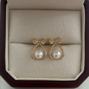 Elegant Gold Bow Pearl Earrings|Gold Earrings|Christmas Gift for her